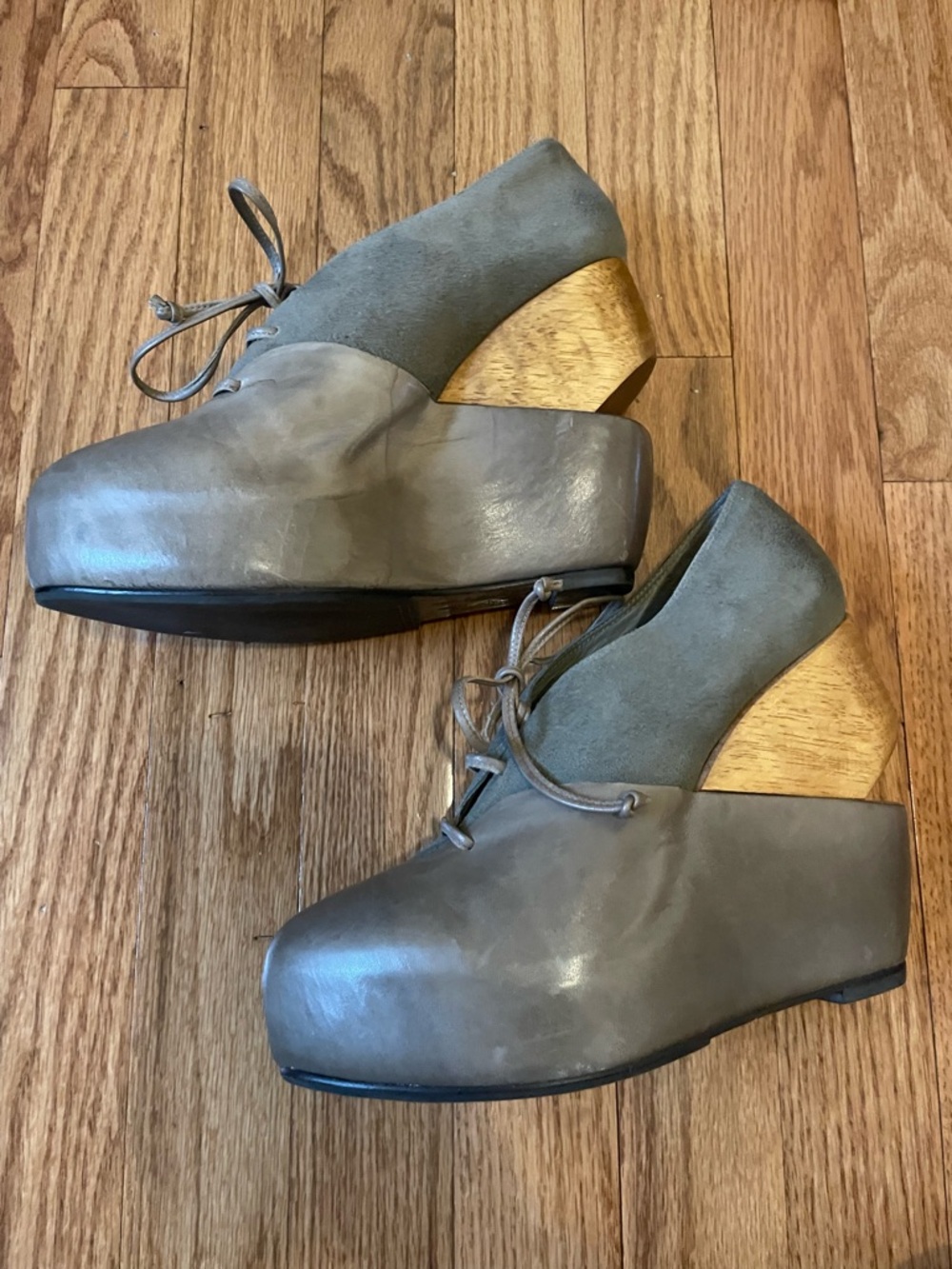 All Saints Bura Grey Leather Wood Platform Cut Out Wedge Heels Size 7 Spiritual - Picture 5 of 9